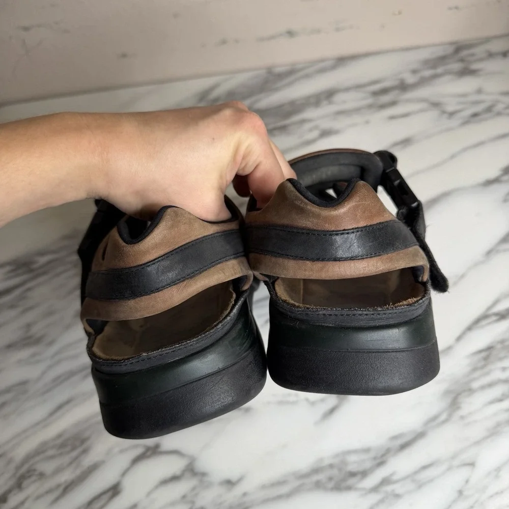 Mephisto Sandals Men Size 12 US Shark Fit 46 EU Black Brown Leather Slip On Shoe